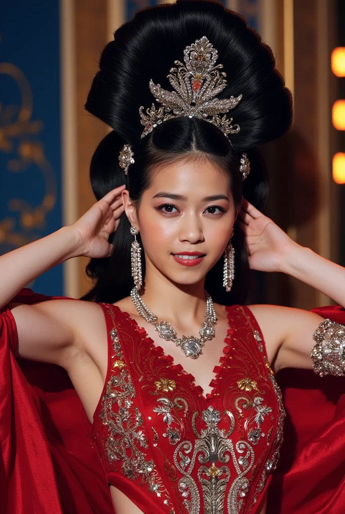 ((Realistic lighting, Masterpiece: 1.3)), (raw photo:1.2), Hyperrealist portrait gorgeous Beautiful tribal Chinese leader, mature woman, 40 years old, Milf, beautiful serious face, wrinkled face, beautiful detailed charming eyes, (pretty big breasts: 1.1), ((tribal red cape: 1.1), (tribal red mix gold strapless), (red tribal dress)), tribal loincloth, (tribal jewelry, tribal necklace, tribal diadem circlet), native American attire, tribal Palace background, legendary style, epic style, full body, (sit on throne: 1.2, tribal Palace background), professional photography, font view, very detailed faces, (garnet red lips, subtle makeup: 1.3), chignon hairstyle, full body, Best quality, 8K, colorful style