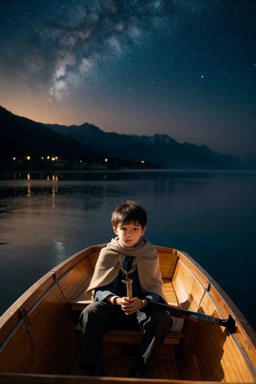 Boy sitting in boat, sword in hand, cape, loneliness, high resolution, sea of stars, vista, romance, smallness