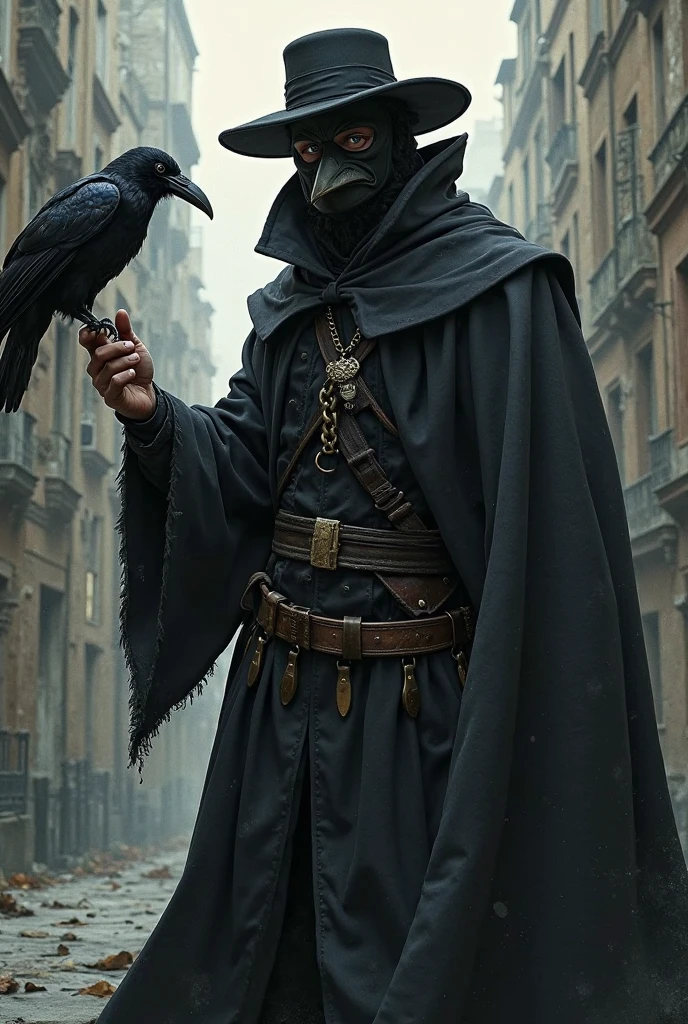 (Masterpiece , Most Best Illustration,) medieval, beak mask, Black robe, urban backdrop, the doctor, masked, One guy, scavenging, Fine movements, wear a hat with a brim, eye glass, KON'can't see your eyes, Stop the crow with your hand