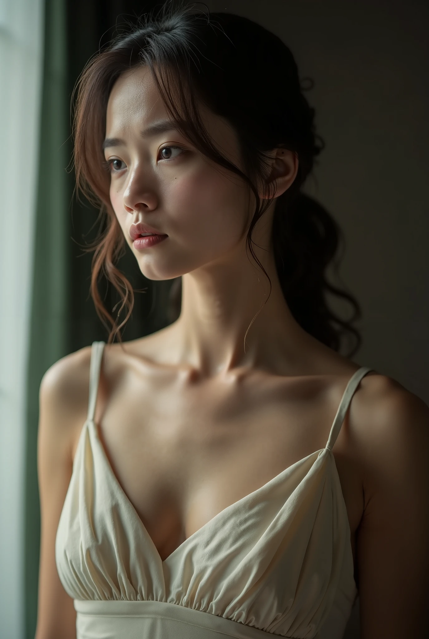 8 thousand, PremiumQuality, Masterpiece :1.2), (realistic, photo-realistic:1.37), PremiumQuality, Masterpiece , beautiful young woman, Contemplative expression, thoughtful expression, Dress elegantly, hair tied behind, Very upset, background, Tired, light skin color