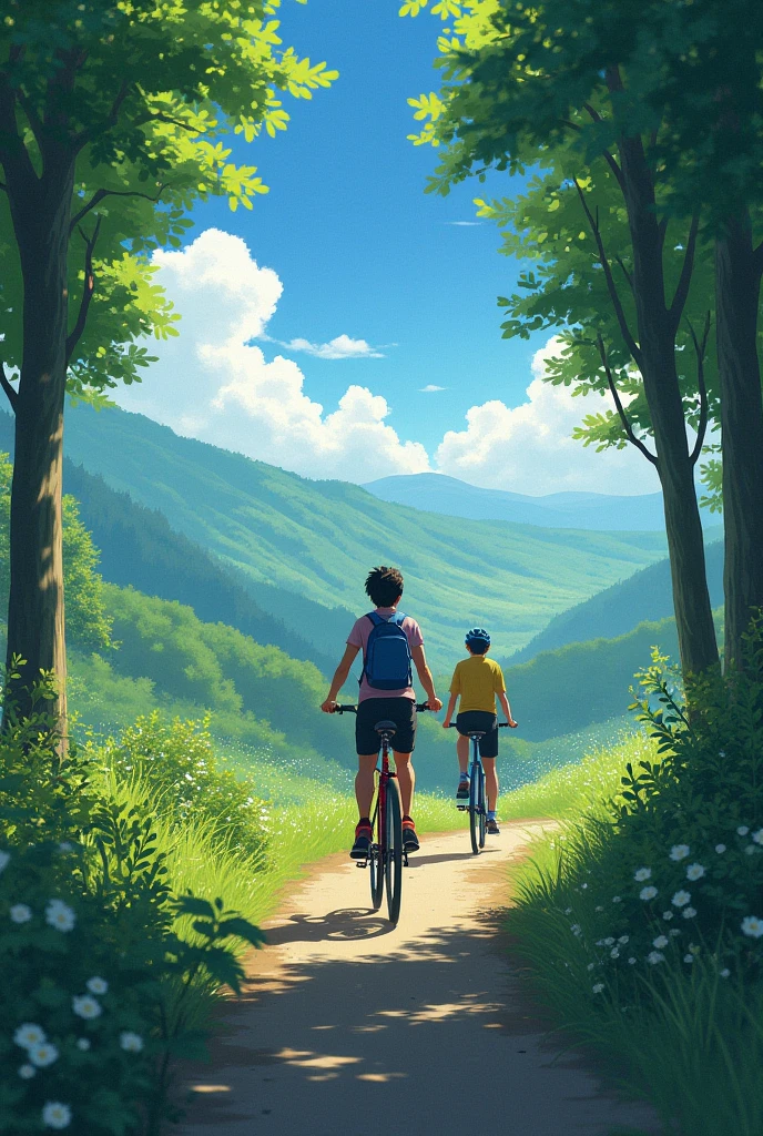 (bikes: 1.5), (realistic bikes: 1.5), (现实的bikes手: 1.5), Cyclist back in foreground, Low-fidelity landscape, natural, suns, ln the forest, liquidation, bushes, Landscape background, shadowing, contrast , Shinkai sincerely (Best Quality:1.3), (high resolution:1) Studio Ghibli style art, Vivid Colors , Impresionismo
