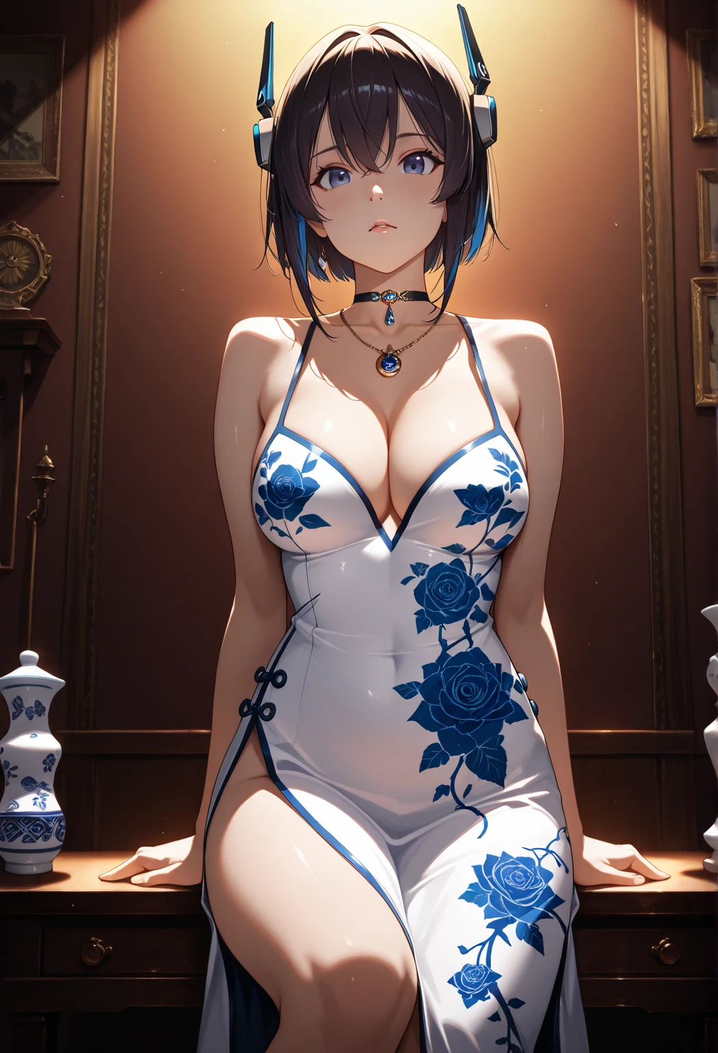 Highest Quality,Masterpiece ,high resolution,1 girl ,Porcelain dress,head gear,choker necklace,jewelry , pretty face,body,Tyndall Effect,realistic,Shadow Studio, edge lighting , two-tone lighting ,(Highly detailed skin:1.2),8k uhd,DSLR,soft lighting,high quality,volumettic light,sneak shot,photore,high resolution,4K