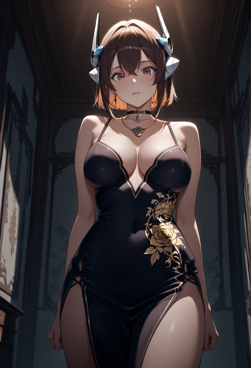 Highest Quality,Masterpiece ,high resolution,1 girl ,Porcelain dress,head gear,choker necklace,jewelry , pretty face,body,Tyndall Effect,realistic,Shadow Studio, edge lighting , two-tone lighting ,(Highly detailed skin:1.2),8k uhd,DSLR,soft lighting,high quality,volumettic light,sneak shot,photore,high resolution,4K