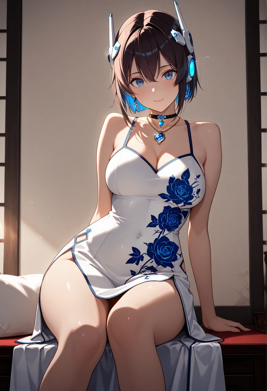 Highest Quality,Masterpiece ,high resolution,1 girl ,Porcelain dress,head gear,choker necklace,jewelry , pretty face,body,Tyndall Effect,realistic,Shadow Studio, edge lighting , two-tone lighting ,(Highly detailed skin:1.2),8k uhd,DSLR,soft lighting,high quality,volumettic light,sneak shot,photore,high resolution,4K