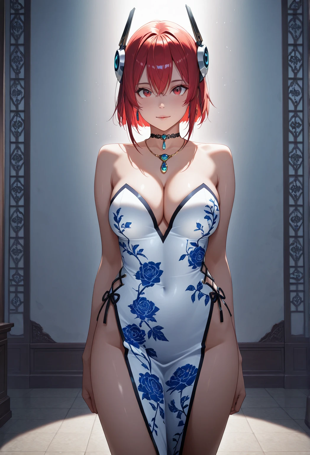Highest Quality,Masterpiece ,high resolution,1 girl ,Porcelain dress,head gear,choker necklace,jewelry , pretty face,body,Tyndall Effect,realistic,Shadow Studio, edge lighting , two-tone lighting ,(Highly detailed skin:1.2),8k uhd,DSLR,soft lighting,high quality,volumettic light,sneak shot,photore,high resolution,4K
