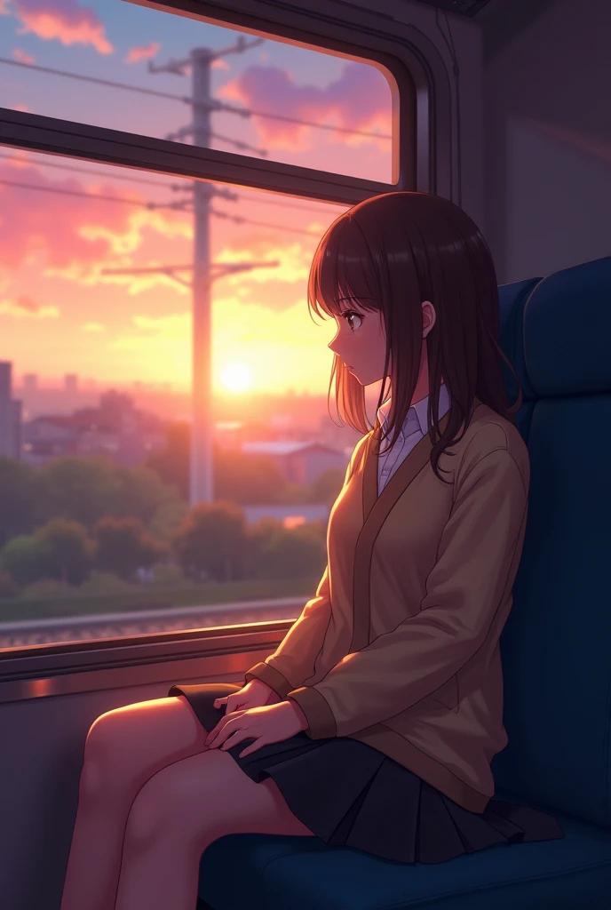 anime girl sitting on a train looking out the window, a beautiful anime portrait, lofi portrait at a window, Beautiful anime girls, lofi portrait, lofi girl, portrait anime girl, guweiz-style art , High-quality portraits, as sunset, charming anime girls, Cute Anime Girls, Realistic cute girl painting, anime style. 8 thousand