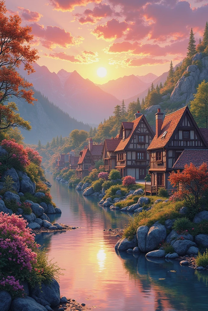 , a small riverside village,The background is mountains,Flowers bloom,vibrant with colors,Detailed scenery,Beautiful natural landscape,Ambiance Lighting,Scorching sunset,a warm color palette,utility,utility摄影,Delicate leaves,Complex architecture , cobblestone streets , charming country cottages , swirling bright colors, dense vegetation ,Still water reflections,picturesque,Leisure and tranquility,artwork of a,Best quality,in 8K,Extremely detailed,anime style