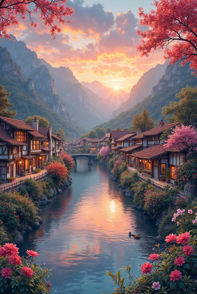 , a small riverside village,The background is mountains,Flowers bloom,vibrant with colors,Detailed scenery,Beautiful natural landscape,Ambiance Lighting,Scorching sunset,a warm color palette,utility,utility摄影,Delicate leaves,Complex architecture , cobblestone streets , charming country cottages , swirling bright colors, dense vegetation ,Still water reflections,picturesque,Leisure and tranquility,artwork of a,Best quality,in 8K,Extremely detailed,anime style