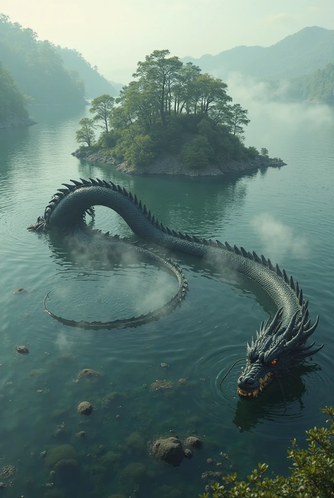 A large lake,There is an island in the middle,There is a hidden black Chinese dragon in the lake