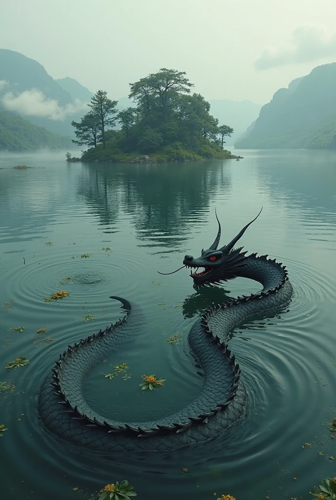 A large lake,There is an island in the middle,There is a hidden black Chinese dragon in the lake