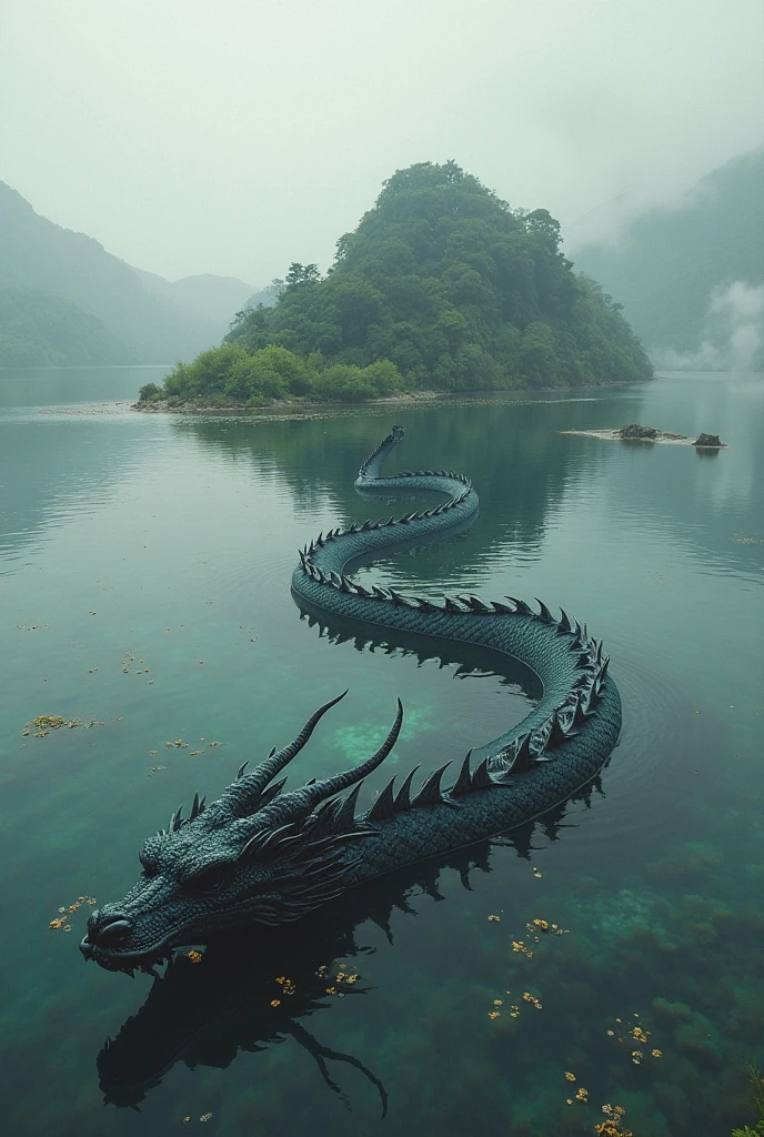 A large lake,There is an island in the middle,There is a hidden black Chinese dragon in the lake