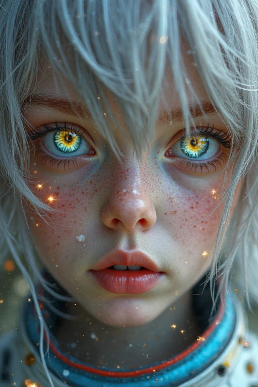 (Close-up of a masterpiece:1.5)0.9]，(Space and astronauts:1.2) (Messy silver hair:1.1) (Heterochromia yellow blue eyes:1.2) (Casque spatial:1.0) (Colorful stars in the eyes:1.0) (Dazzling light:1.1) (Thick lip:0.9)