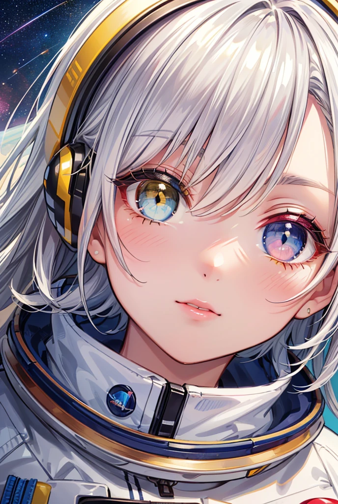 (Close-up of a masterpiece:1.5)0.9]，(Space and astronauts:1.2) (Messy silver hair:1.1) (Heterochromia yellow blue eyes:1.2) (Casque spatial:1.0) (Colorful stars in the eyes:1.0) (Dazzling light:1.1) (Thick lip:0.9)