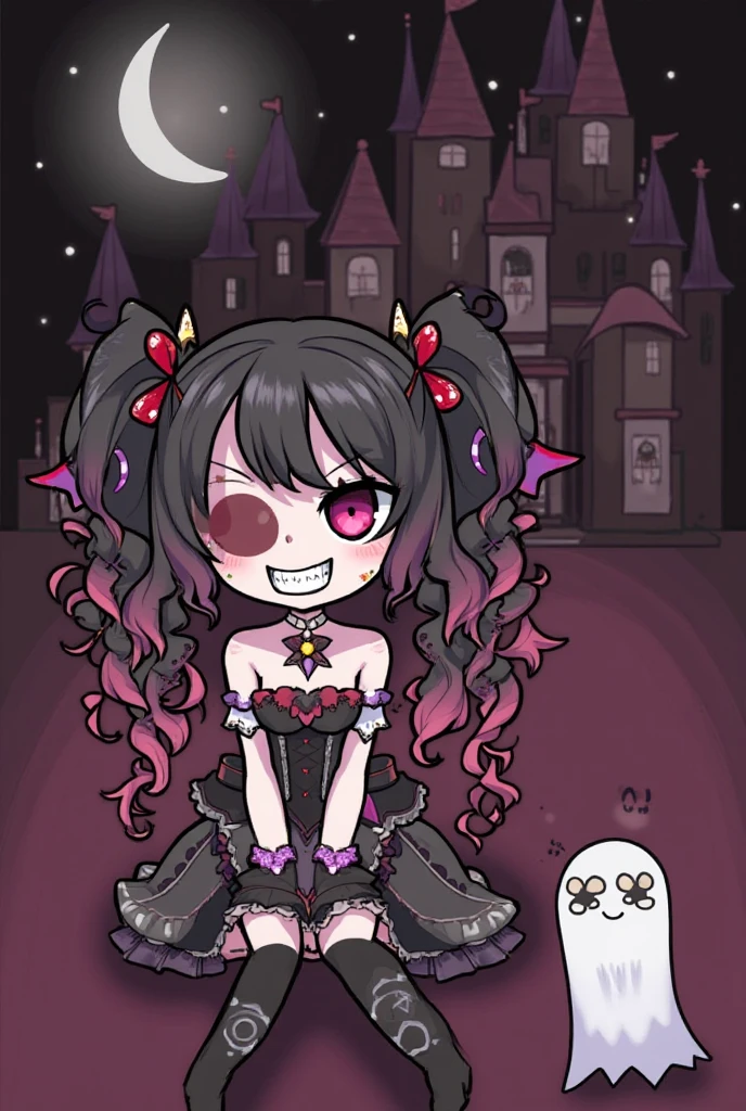 castle, loli, necromancer, ghost, icon, shy, evil smiling, grinning, sitting, looking at viewer, high twintails, hair over one eye, curly hair, multicolored hair, gradient hair, pink hair, black hair, red hair, purple hair, with heart-shaped irises, with cross-shaped irises, pink eyes, with heart-shaped eyes, with crazy eyes, pale skin, slim, gothic lolita, hair ribbon, piercing, choker, gloves, thighhighs, belt, ribbon, with a tattoo, with a bandage, beauty mark, with devil wings on back, gradient black background, gradient purple background, gradient pink background, with a castle, with a ghost, at midnight