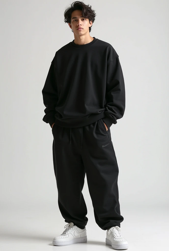Take a photo of a white big boy wearing black baggy pants and a baggy sweater with black hair and white Air Force