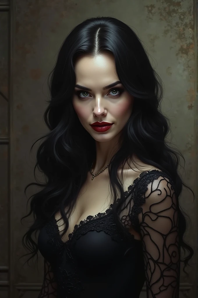 vampire woman, (tmasterpiece:1.2), (best qualtiy:1.2), perfect eyes, the perfect face, 1girl, Vintage, black hair, stern expression, fanciful, exteriors, detailed back ground, putting makeup on, lipsticks, eye shadowascara, thick eyeslashed, highres, absurdres, victorian clothes, smirking, vampire