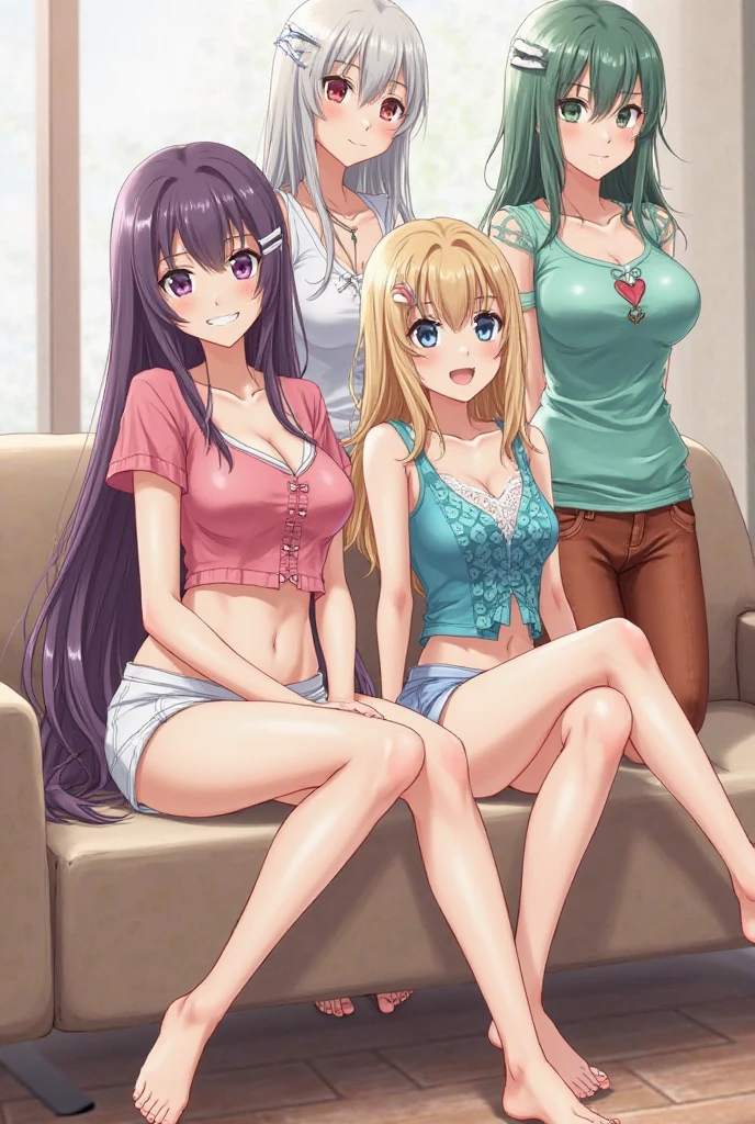 Five adult college girls with big breasts, one redhead girl with pigtails, another with long pink hair, another with long green hair, another with long yellow hair, and finally a girl with short white hair, the background being a living room.. Girls should wear casual, normal clothes.