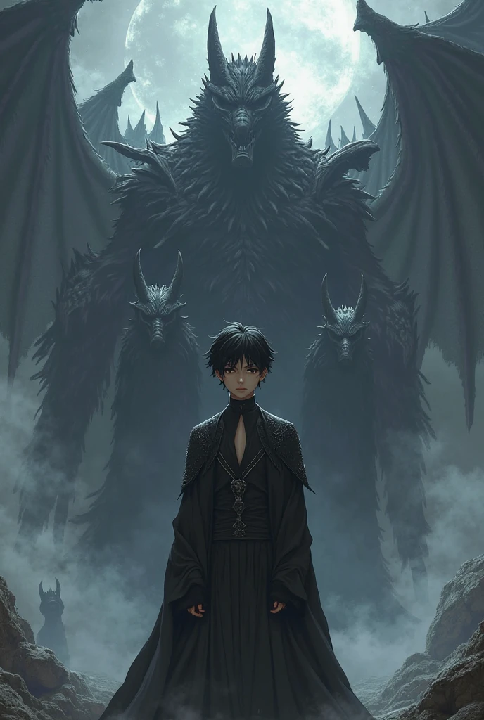 High quality masterpiece, super detailed, super emotion detailed, castle with grass, cold colours dramatic lighting, movie scene, anime style, perfect face, clean eyes, Middle Ages, clean emotions, full body! A cold mean man with black short curly hair, in expensive black Loose robe, with gray shining eyes, he is dark lord, he is cool. He is looking with warm smile to his adult daughter who also has black hair. super quality, 4K, clean eyes, super quality ever! detailed emotions! dark fantasy!, middle ages! They look happy, clear eyes, he is with his adult daughter!!!!!