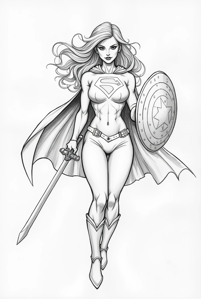 ((((sexy)))), ((Alice Delish's facial features)), ((Alice Delish's face)), ((Alice Delish's body)), ((Alice Delish Alice dressed as supergirl, supergirl, supergirl costume, superwoman, superheroine, supergirl cosplay, levitating in the air, suspended in the air, flying, Kara Zor-El, floating in the sky, epic, superman symbol, preparing for battle, skirt open in front, suze randall)), blonde, (((arms behind the back))), cute, small curvy, sexy and sensual, sexy expression, captivating and tempting, Very attractive and beautiful girl, model body, perfect body, sensual body, very feminine body, ultra high resolution, 8k, Best quality, Masterpiece, hyper realistic, amazing, extremely detailed, Sharp focus, detailed face, Perfect legs, silky skin, Playboy photo style, sinuous look, cinematic lighting, perfect eyes, (perfectly defined eyes), detailed eyes, ((perfect hands)), Highly detailed body, Masterpiece, Detailed and tempting lips, Very large breasts, marked breasts, ((female hands)), ((drawing effect)), ((sketch effect)), ((drawn in pencil))