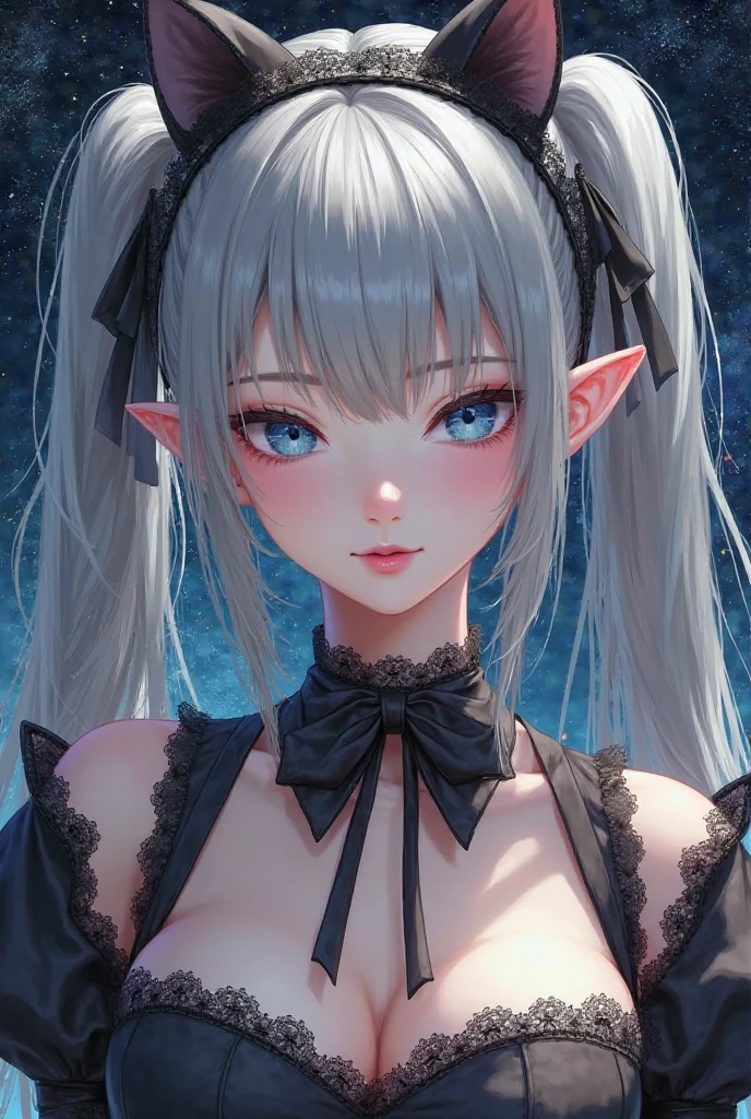 8k, masterpiece, highest quality, best quality, official art, beautiful and aesthetic, extremely detailed, (fractal art: 1.3), colorful, highest detailed, perfect face, upper body, HDR, sexy, wide hips, thicc figure, Detailed face, Detailed eyes, red eyes, perfect face, perfect eyes, ( 1elf, 1 female elf, 1girl, trans, futa, futanari, big ass, slim waist, pretty face, long white hair, sharp jawline, he is sexy, she is beautiful, she has black eyeliner, he has makeup, she has a girly face, she is tanned, she has big , she is blushing, she wears blush, hips wider than shoulders, slim torso, black lipstic, e-girl makeup, blushing, pretty, sharp jawline, red eyes, cute, thigh high socks, goth clothes, black skirt, black crop top, black lipstick, black eyeliner, cute smile, Goth, goth priestess, RAVEN, goth makeup, goth clothes, white hair, wolf cut, bulge, bulge in underwear, genitalia outline, 3d art, 3d style