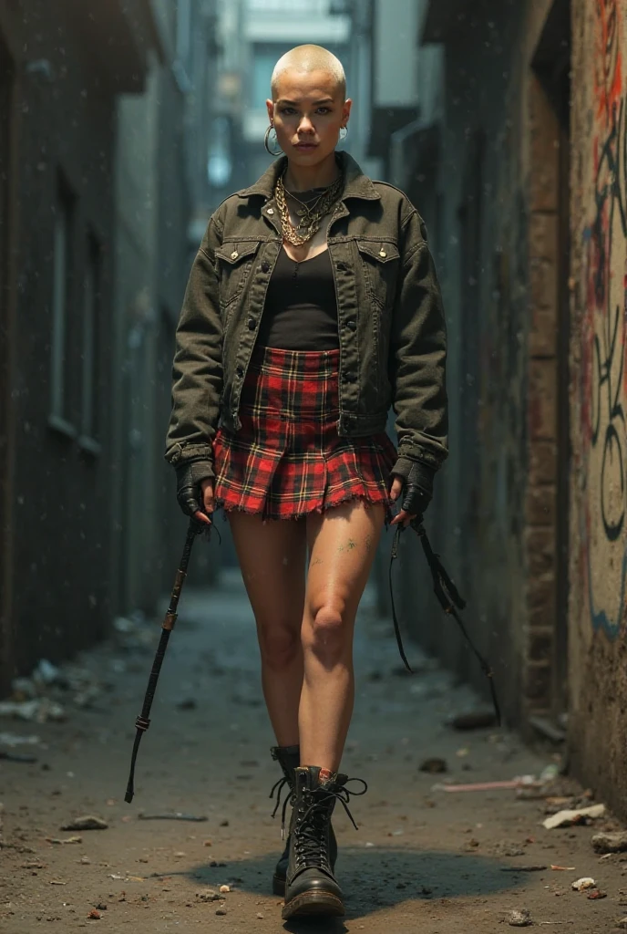 wearing pink goth dress, A young, woman with big breasts in her mid-20s stands confidently in a post-apocalyptic world. Wearing a worn out red leather jacket. She has a bold and fearless expression, showing comfort with her identity and her survival skills. Her outfit is a mix of rugged, worn-out leather and tactical gear, with a torn leather jacket over a fitted top, sturdy boots, and fingerless gloves. Her blonde hair is slightly messy but deliberate, fitting the harsh environment. She stands amidst a ruined cityscape, with collapsed buildings and overgrown plants reclaiming the land.