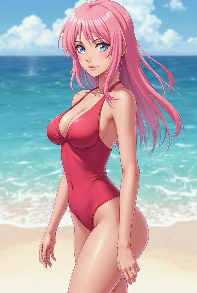 masterpiece, best quality, 1girl,haruno sakura, pink hair, long hair, green eyes, forehead protector, smile, bikini, blue sky, cloud, sea, sand, beach background