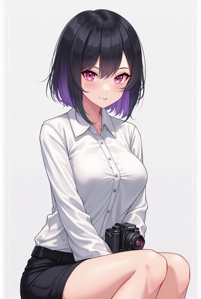 Anime girl with short curly black hair, dark brown eyes, thesis morena clara, big chest, ear piercing, somewhat thick lips, especially the upper one, taking a selfie photo, with a necklace and a nice black blouse