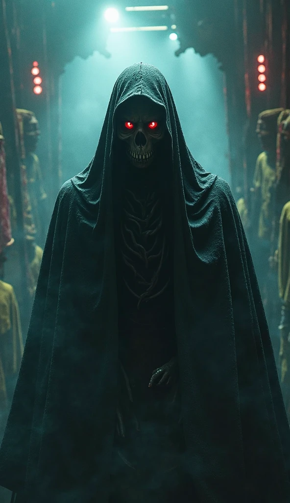 a terrifying necromancer, skull, burning eyes, ominous shadows, green smoke, intricate, high detail, dramatic, 8k, (best quality, 4k, 8k, highres, masterpiece:1.2), ultra-detailed, (realistic, photorealistic, photo-realistic:1.37), HDR, UHD, studio lighting, ultra-fine painting, sharp focus, physically-based rendering, extreme detail description, professional, vivid colors, bokeh, horror, dark fantasy, dramatic lighting