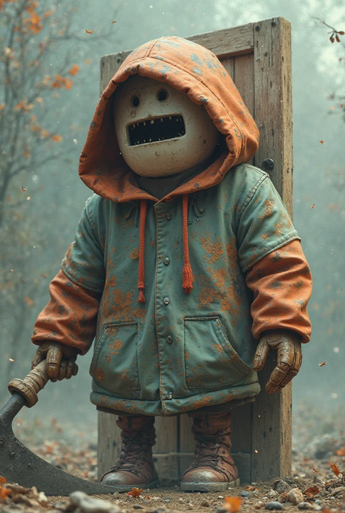 Create the image of baby Michael Myers, sitting in the snow. Place a knife in your right hand and an ice cube in your left hand