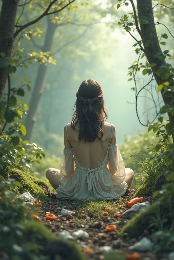A naked girl masturbates in the middle of the forest. She has no clothes on. She sits on a log, showing the beauty of nature in the forest full of green plants and trees. The area in the picture looks moist with ground cover and tall trees surrounded by dense leaves. The greenness of the plants gives a sense of the abundance of nature that is still pure. The sunlight that shines through between the trees brightens the area in the picture, making the details of the plants and leaves clear. This picture reflects the balance between the plant life in the forest and the rich environment. It is a fascinating place.