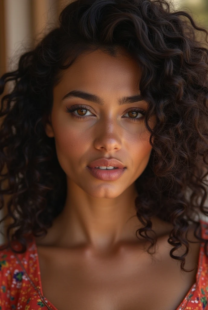 OnlyFans model with black, curly hair that falls gracefully, a slender figure, fair skin, and almond-shaped eyes that reflect her Latina heritage. Capture her natural beauty and confidence in an attractive and elegant pose, with lighting that highlights her distinctive features.