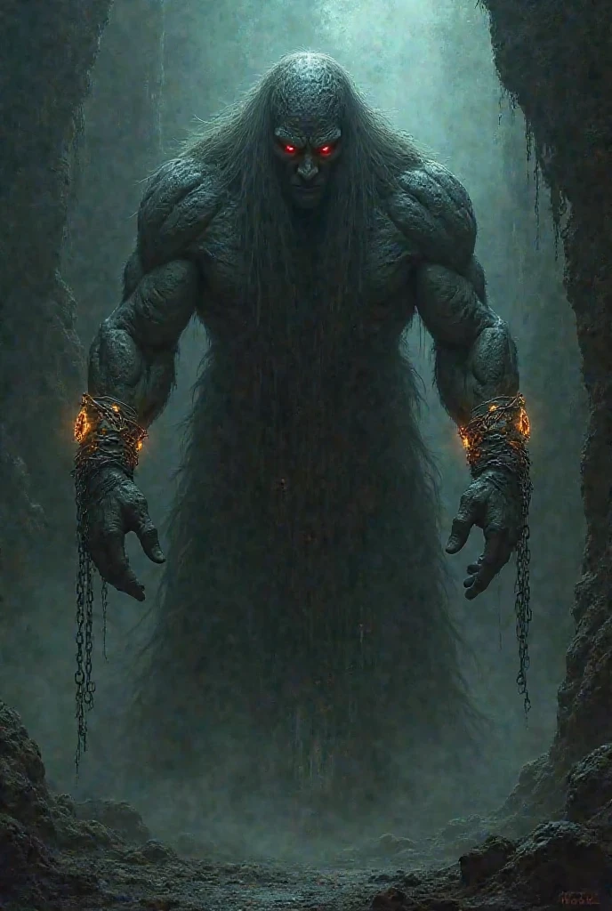 Create an image with the phrase "Y or E", chrome and melting as title.
And put a strong and dark being, chained and with burning eyes And a warning of "danger do not open"