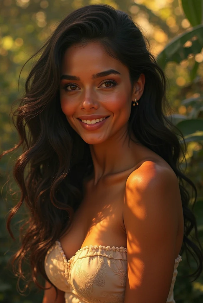 A Brazilian woman in a lush tropical garden, wearing an open shirt with a floral print, with a close-up capturing the harmonious beauty between her breasts and the natural flowers, showing off your natural charm and outgoing personality.