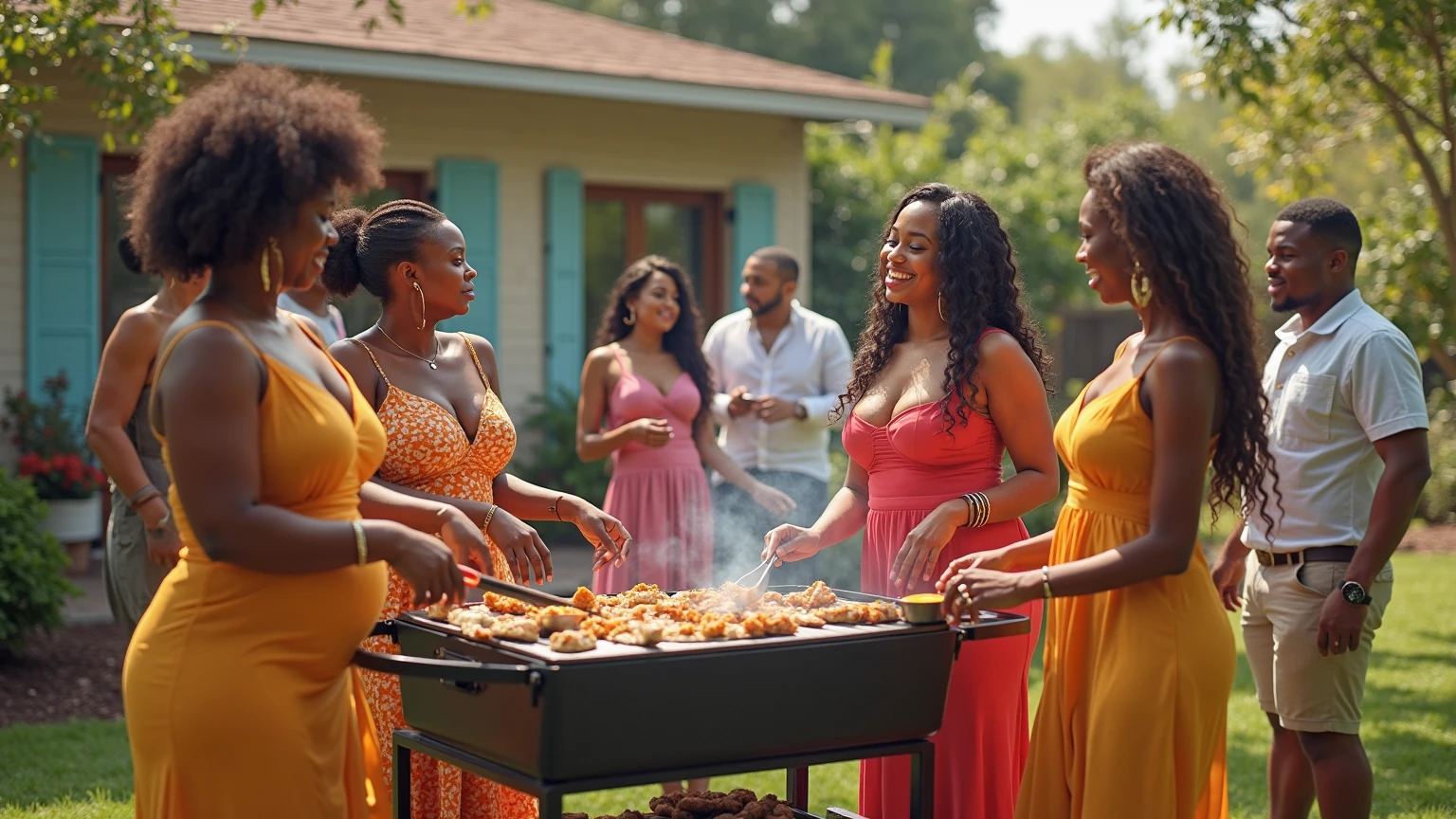 Shakira is beautiful, Happy laughter, wearing a sexy blue halter design, grilling bbq meat, outside in the garden, smoke