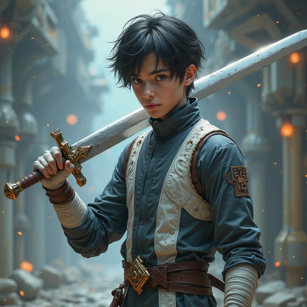 8K,Photorealsitic Raw photography top-quality;1.4) (One Boy) Super handsome (Lifelike face) With a large Japan sword(realistic detailed) Historical samurai duels, Features highly detailed characters and landscapes, Atmospheric background, Reminiscent of the works of Hideaki Kuno and Stanley Ateg Liu. 超A high resolution A hyper-realistic real looking skin Beautiful expression enticing Ultra-precision details of Japan swords