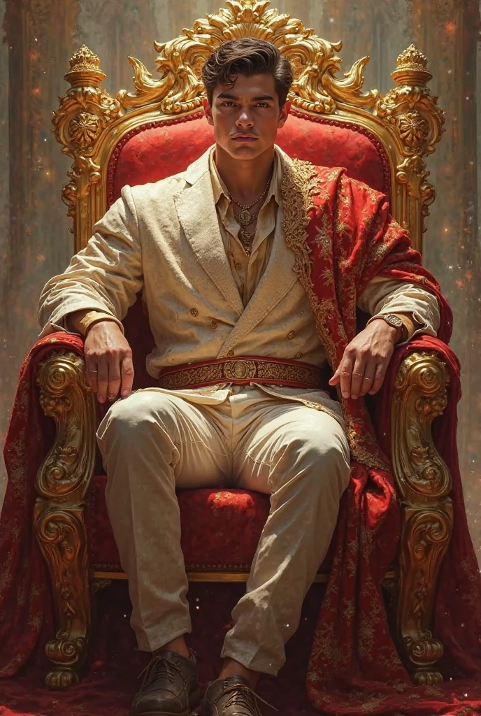 A handsome handsome shirtless man wearing gold pants sitting on a king's chair, thin white skin, in the desert palm tree behind a lake and a peacock with two leopards at his side, a rug under his feet and two Roman soldier men at his side