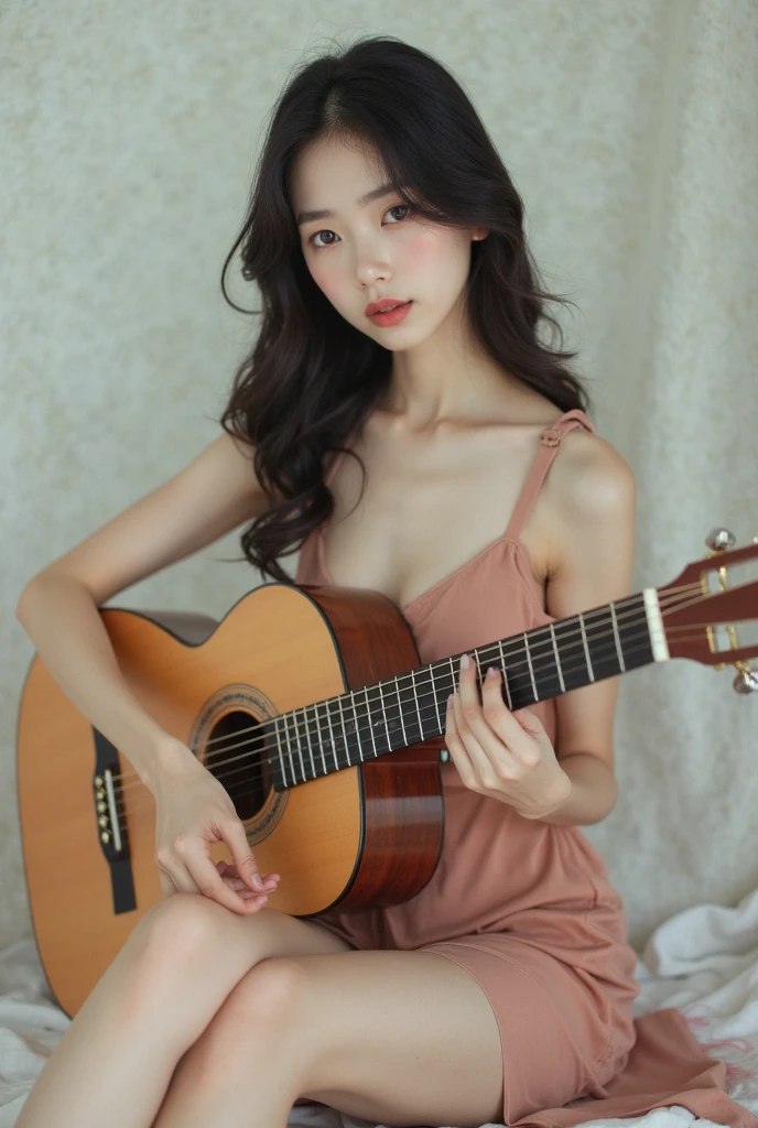 Full body nude. bright tone photo, beautiful korean girls, 25 years old ,super model,cute face,full make up ,vintage hair style, chinese face style, high nose , medium breast , slender body ,170 cm tall, absolutely nake,nude ,wearing emerald necklace ,playing guitar ,turn body toward the viewer