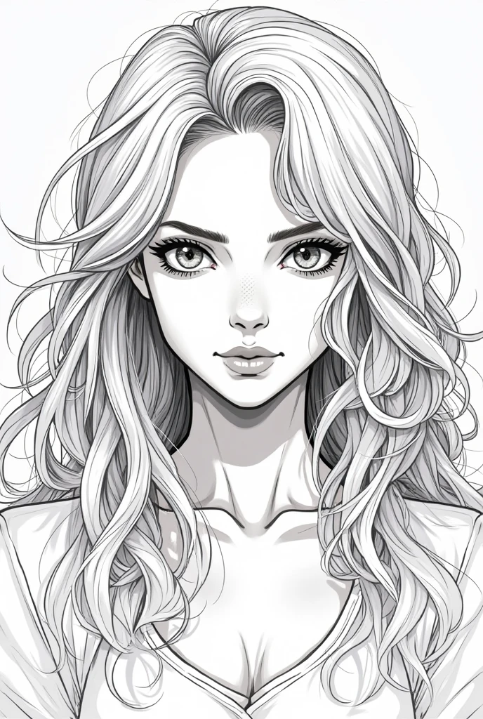 (Black and white coloring book:1.5), masterpiece, Highest quality, (Detailed Background), High Contrast, Highly detailed face, ((Eyes are clearly defined)), smile, Hair is white, Adult women, Thigh to head, As seen in Hollywood movies、Elegant and glamorous evening dresses, Line drawings without color or shading, Beautiful line drawing, The outline is a thick line, Skinny