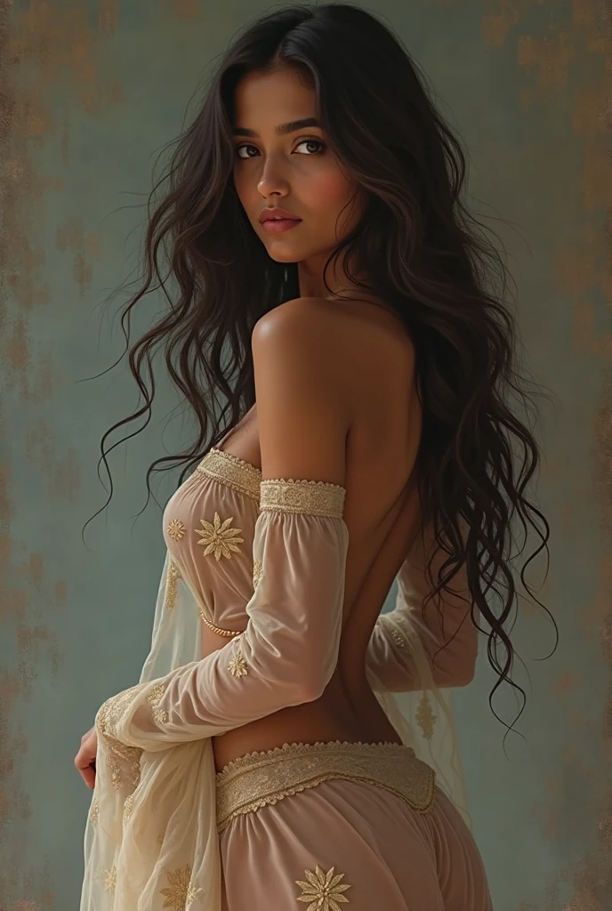 masterpiece, alone, highly detailed, ultra-detailed, Ultra-high resolution, (Realistic:1.333), (Highest quality), (Best Shadow),detailed, Perfect lighting, Dark brown hair, Very long hair, Braid, [Facial freckles], (blue eyes), choker, Smokey Makeup,  close, Portraiture, In the palace bathroom, (Small breasts:1.3)