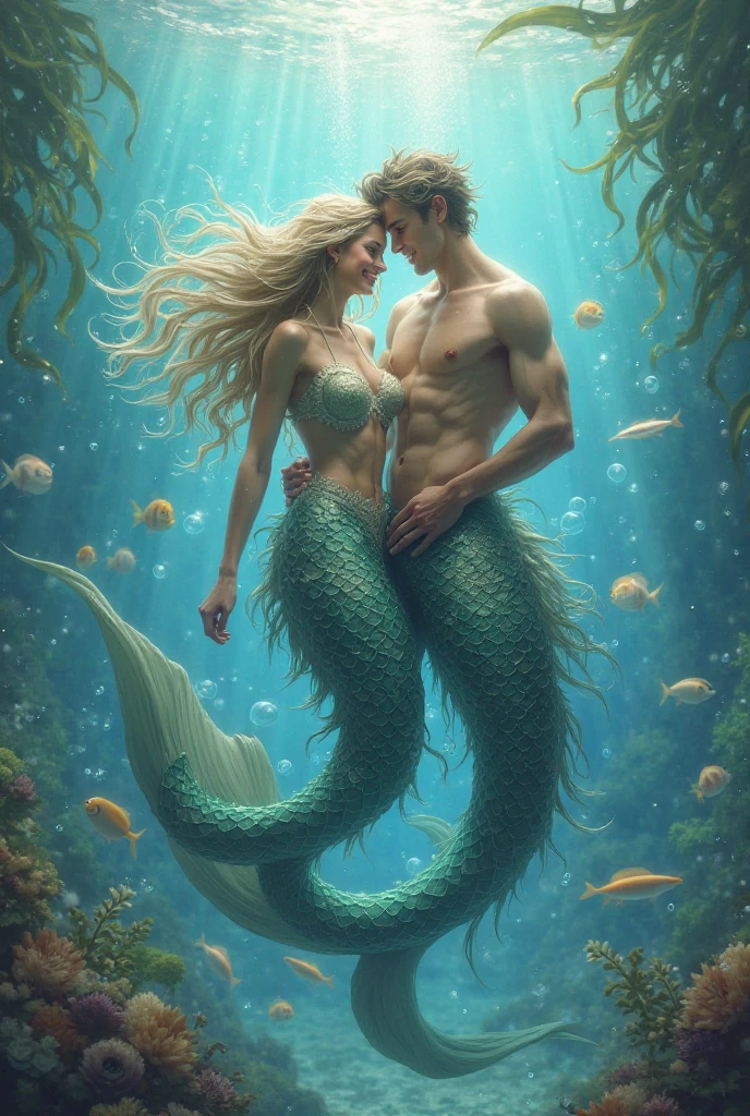 (masterpiece,Distinguished Quality,Mirror-like,Cinematic Experience, insanely detailed,absurdres),8k,full image shot),(1 female), the shimmering, iridescent depths of an enchanted ocean, mesmerizing sirens, big breasts, nipples ,8k, slim waist, shimmering scales on a tale, luminous, pearlescent skin glistening with dew, long, flowing hair a wild tangle of seaweed and glittering, gemstone-encrusted locks, as their piercing, (1 handsome male),(male, with mermaid tale:2.0),(male siren),(manly tale),(manly abs), random hair, aquamarine eyes gleam with an otherworldly allure, shimmering, crystalline tail glimmers with a soft, ethereal light, beckoning sailors to their doom with a haunting, melodic song that echoes through the mystical, moonlit waves, Imagine the captivating, underwater scene!