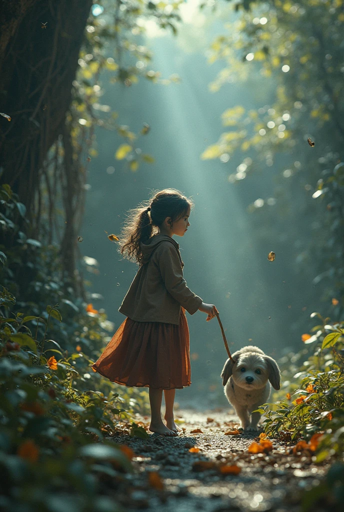 A girl and a puppy playing in nature in spring, surrounded by blooming flowers and lush green grass. The girl has beautiful long hair that flows gracefully in the wind. She is wearing a colorful dress that matches the vibrant scenery. The sunlight filters through the trees, creating a soft and warm glow. The girl's joyful expression and the puppy's wagging tail reflect their playful mood. The flowers in the background are diverse, including tulips, daisies, and cherry blossoms, adding to the enchanting atmosphere. The scene is filled with ultra-detailed elements, capturing the intricate textures of the petals and the fine details of the girl's face. The image quality is set to the best, with a resolution of 4K, ensuring every detail is crisp and clear. The colors are vivid, portraying the vibrant essence of spring. The lighting is natural and soft, showcasing the beauty of the moment.