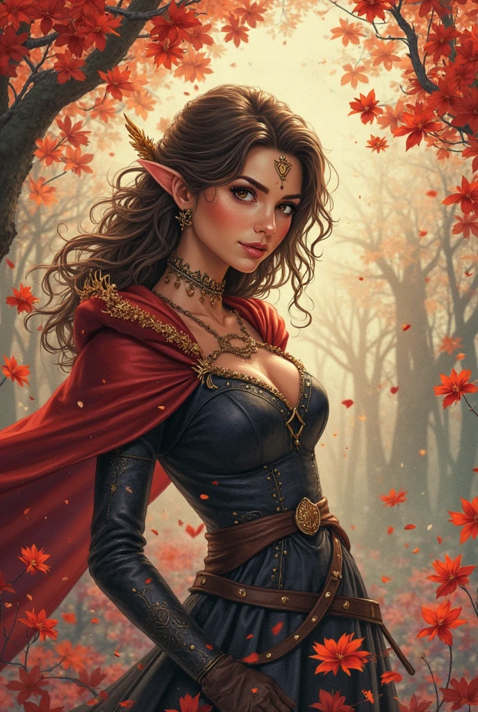bra prima)(4k)(1 femele alone)elfa, black skin, red makeup on face, hair like magma, pants, lardo hip, full dress, large breasts, bright red eyes, medieval clothing, sfw, smile, forest, tunic,