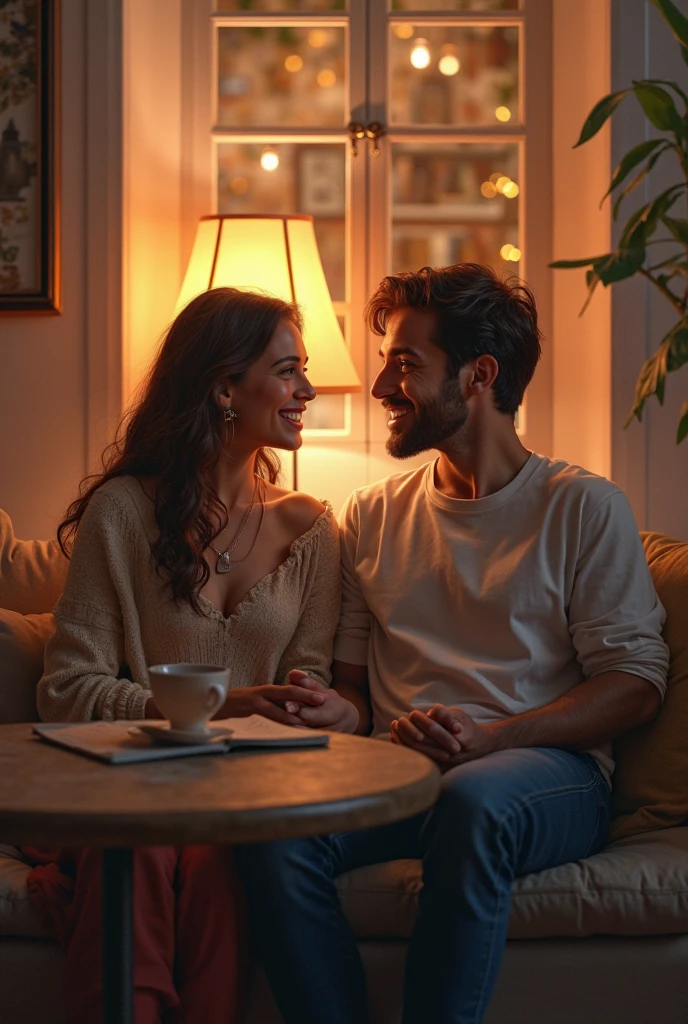 Hyper realistic, intricately detailed photograph of a two young adults deeply in love. They are both wearing delicate boho clothing made of natural fibers. They are comforting each other, sitting on a comfortable couch near a tv in a warmly lit living room, and a gentle smile. The atmosphere is tender, loving, and intimate. The image is vibrant, Ultra High Definition, and Stunningly Photorealistic