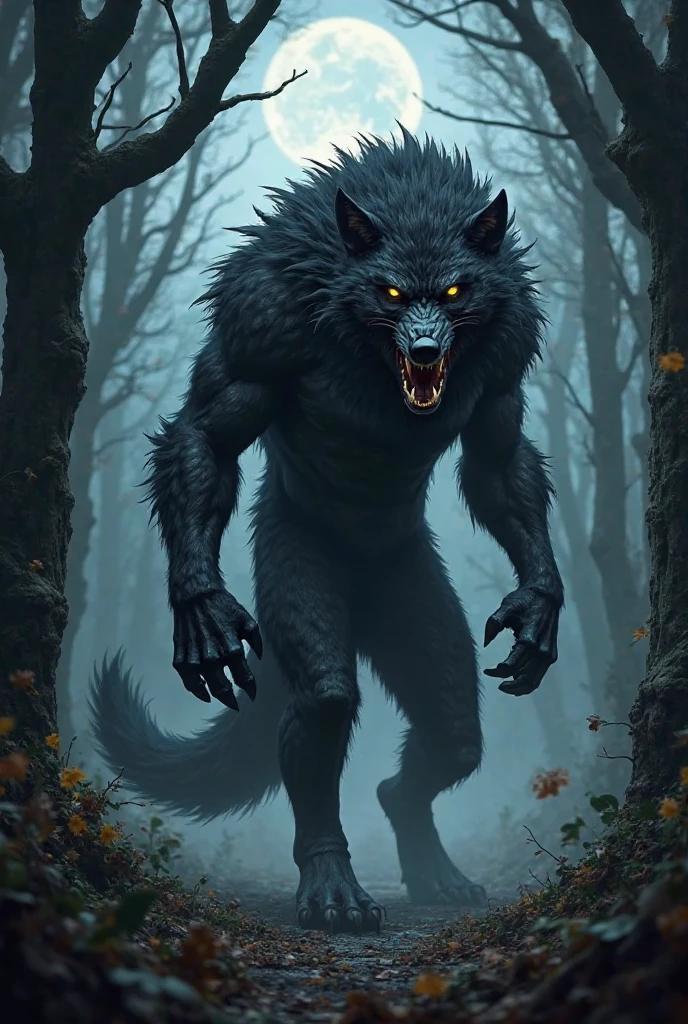Scary horror image. of a path was long and surrounded by a dense forest. The night with an image of a fit man,werewolf, PICTURE REALISTIC, high resolution, 8k