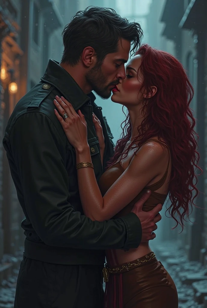 Tall muscular short-hair Chad man shirtless being hugged and groped and feeling muscles flirtatiously with his wife: Athletic fit bodybuilding muscular 30 year old fitness athlete Princess woman, goth emo witch, fantasy setting, amazingly long wavy voluminous flowing red hair down her back to her thighs beautiful like a waterfall, big beautiful green eyes, MANY freckles on face and body, muscle tone, wet and glistening from sweat, ((( IMPORTANT: and a huge colorful loose baggy oversized low-cut comfy big dress with ONE wide-neck-hole that goes all around off-shoulder and cleavage in one big swoop 1.3))), flowers in hair, muscle definition in shoulders and belly and legs, gorgeous neck and shoulders, curvy, juicy wide hips, thick thighs, nice big muscular ass, mature gorgeous incredible pretty face, grinning, laughing, many tattoos on her body, exploring an expensive mansion of a rich man in the night during a popular Halloween party with others, Instagram model, (((small breasts 1.3))) (((realistic figure))), ((( incredible thoughtful cinematography to enhance the scene and sense of space, bokeh and incredible colors and professional photographer with a sense of the dynamic and having depth 1.3 ))) , SFW, abs,photorealistic,super long hair, incredible outfit, closeup camera