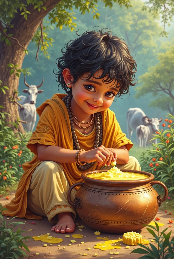 Krishna as a child, mischievously stealing butter from a clay pot, with a warm and playful expression.