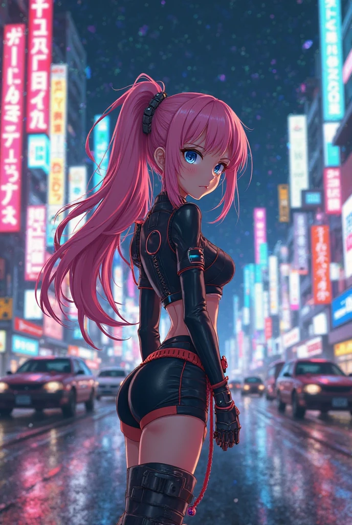 high resolution, best quality, masterpiece, very high image quality, ultra-detailed, hyperrealistic, 3d, anime, illustrations, fantasy, hard rock girl, very beautiful cute, pink wavy hair, side braid, miniskirt, knee high socks, engineer boots, background cyber punk city galaxy --auto --s2