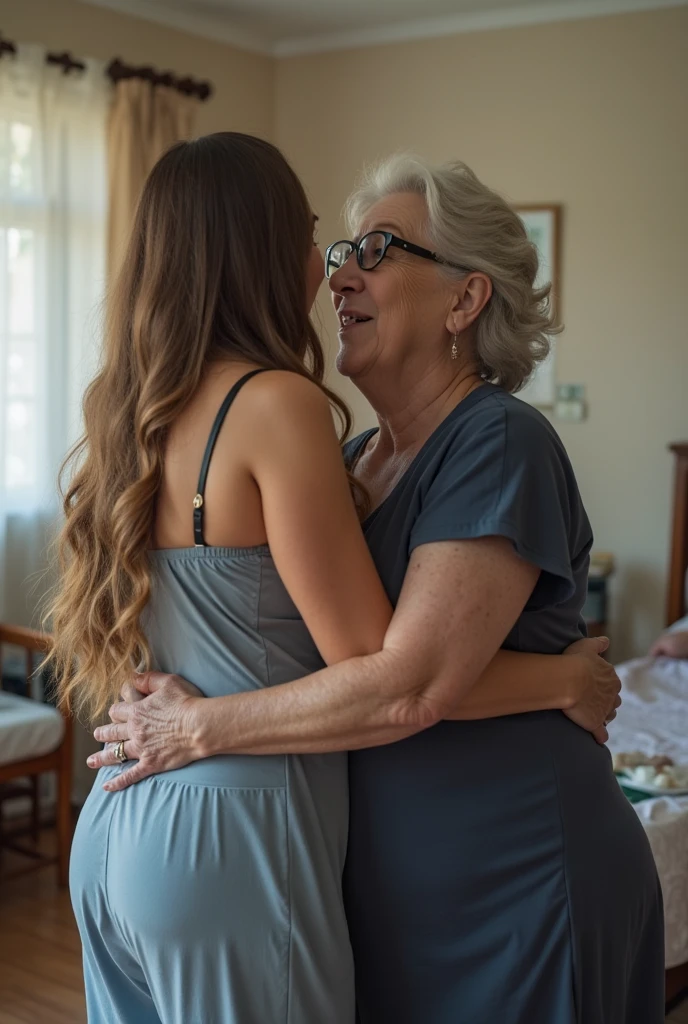 Create a photo of a single young woman aged 25, com pele branca e clara, slender and beautiful body, long brown hair, wearing black lace panties, and his white shirt is being unbuttoned by a 90 year old woman, obese, dark black skinned