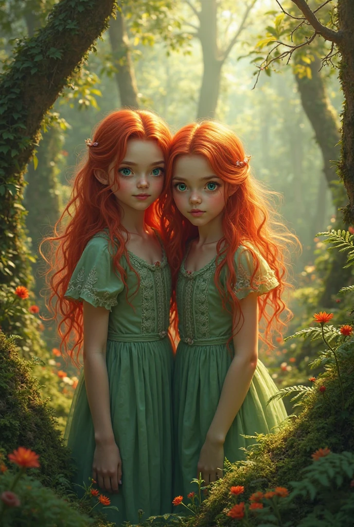 there are two girls with red hair standing next to each other, beautiful gemini twins portrait, beautiful gemini twins, redhead girl, beautiful girls, with curly red hair, flowing ginger hair, curly red hair, cute young redhead girl, cute girls, young girls, red hair and attractive features, ginger hair, with red hair and green eyes, ginger hair with freckles