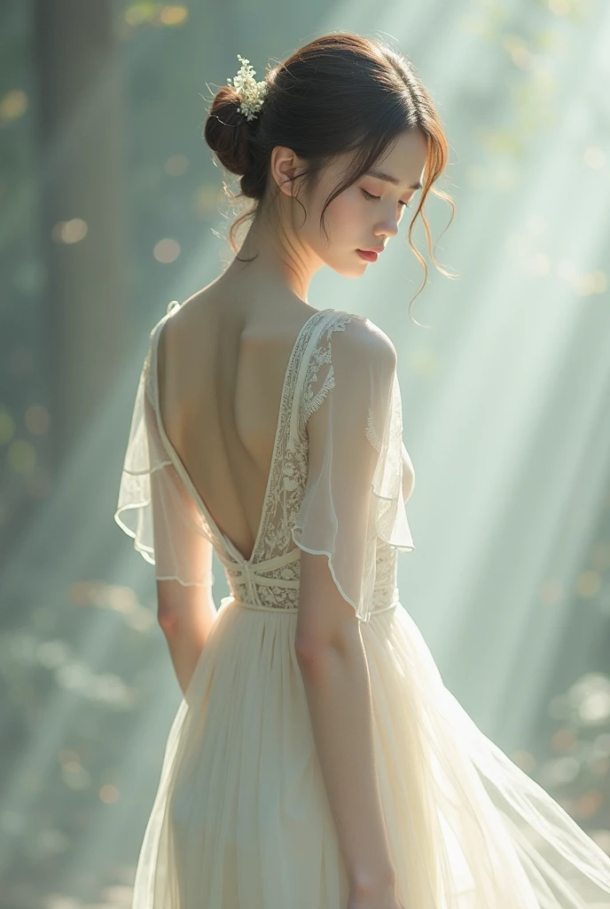 Woman in white dress standing in forest, flowing white dress, ethereal details, very ethereal, A flowing dress, back - view, wearing a white flowing dress, Ethereal backlight, white hanfu, ethereal and dreamy, Flowing gown, dreamy and ethereal, White sleeves, Detached sleeves, back-view, haze over the shoulder shot, romantic dress, incredibly ethereal